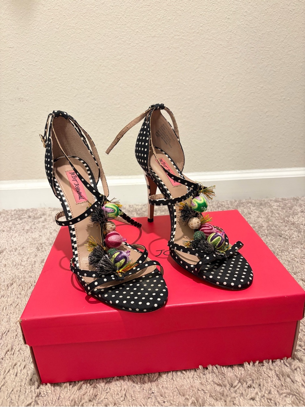 Betsey Johnson Black Polka Dot Embellished Ankle-Strap Heels